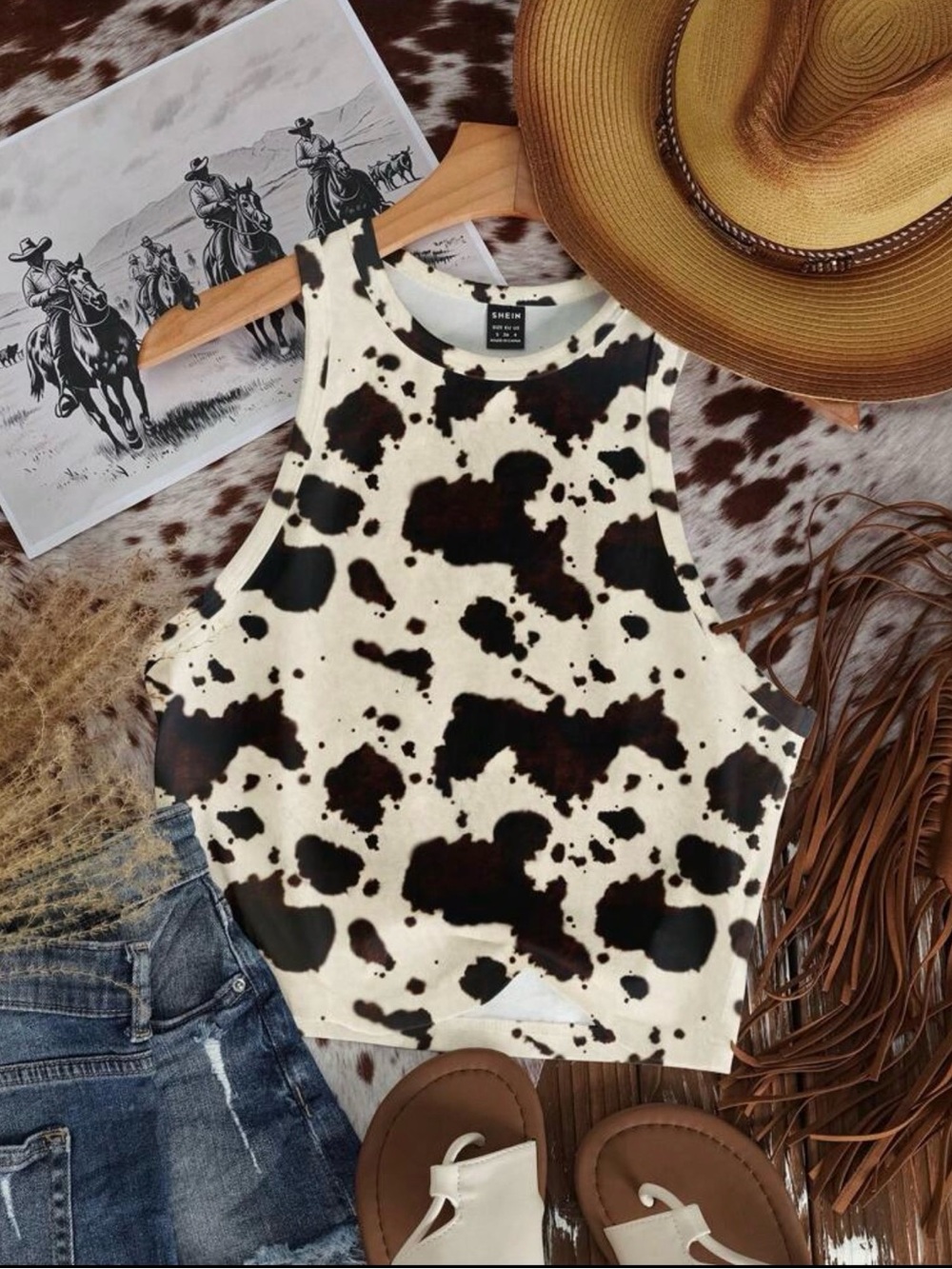 SHEIN Cream Tank Top with Black & Brown Cow Print